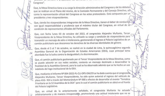 Moción de Censura contra Muñante. Foto: documento