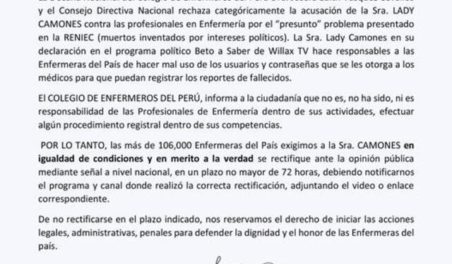 El Colegio de Enfermeros del Perú solicitó una aclaración a nombre de sus  más de 106.000 afiliados. Foto: Facebook del Colegio de Enfermeros del Perú