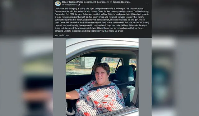 La Policía dio a conocer la buena acción de Joann Oliver, a quien le agradecieron y premiaron. Foto: composición LR/Facebook/City of Jackson Police Department