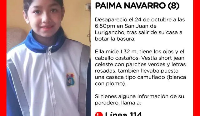 SJL: buscan a Emilia Anthonella Paima Navarro, niña de 8 años que desaparició al salir de su casa. Foto: Ministerio de la Mujer