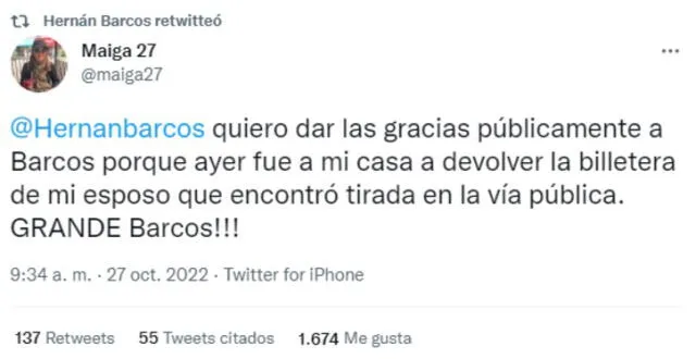 Agradecimiento de la usuaria. Foto: Twitter