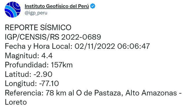 Información de sismo en Loreto. Foto: captura IGP/Twitter