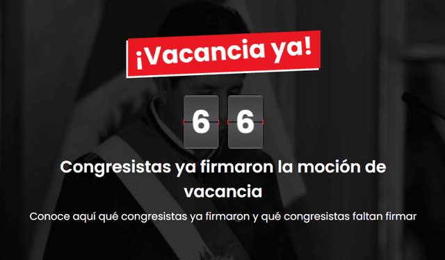 Portal 'Vacancia Ya' muestra que 66 congresistas respaldan la iniciativa contra el jefe de Estado. Foto: captura/vacanciaya.com