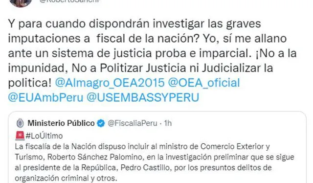 Roberto Sánchez se pronuncia tras investigación en su contra. Foto: Captura Twitter