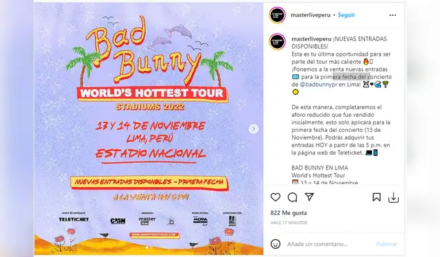 Anuncian nuevas entradas para Bad Bunny . foto Instagram