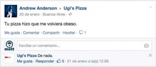 Los comentarios de Ugi's Pizza que se hicieron virales. Foto: captura de Facebook/AyOjón