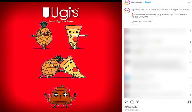 Publicación de Ugi's Pizza en su cuenta oficial de Instagram en 2021. Foto: captura de Instagram/@ugis.pizzaok