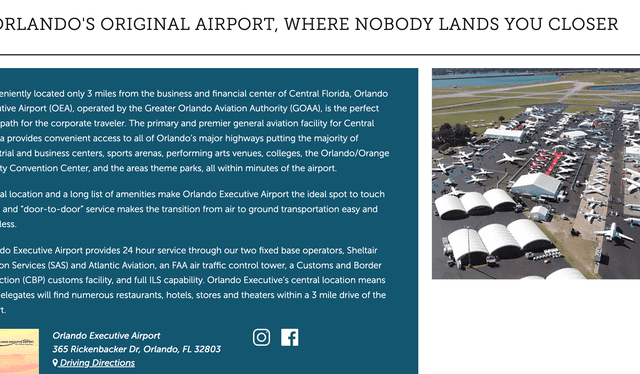 Portal web del Aeropuerto Ejecutivo de Orlando. Foto: captura LR/Aeropuerto Ejecutivo de Orlando.