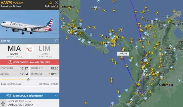 El vuelo AA379 de American Airlines iba a llegar desde Miami, pero fue desviado a Ciudad de Panamá. Foto: Flight Radar