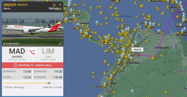 El vuelo IB6659 de Iberia procedía de Madrid; sin embargo, se desvió por orden de la base del Jorge Chávez con destino a Bogotá, Colombia. Foto: Flight Radar