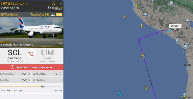 El vuelo LA2414 de Latam viniente desde Santiago de Chile se desvió a Arequipa. Foto: Flight Radar