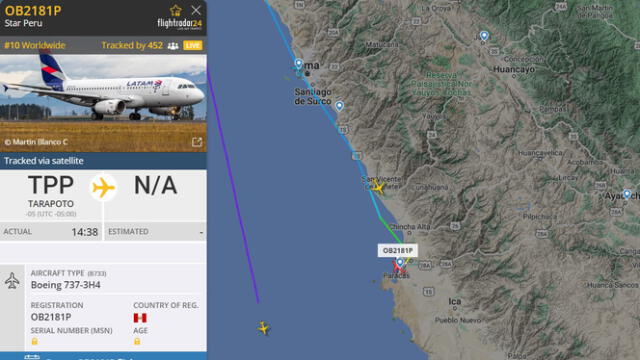 El vuelo 3144 de STAR Perú proveniente de Tarapoto aterrizó en Pisco. Foto: Flight Radar