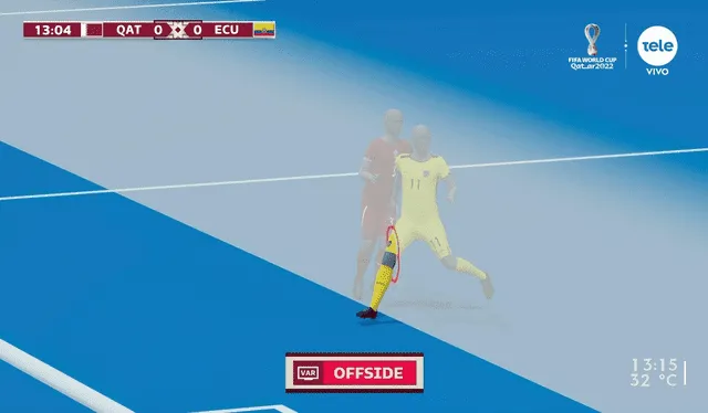 El VAR señalando el momento exacto del offside de Enner Valencia. Foto: captura de Twitter/Teledoce