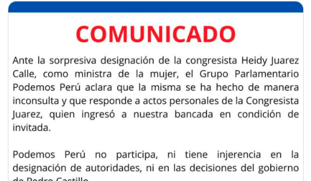 Comunicado de José Luna tras el nombramiento de Heidy Juárez como ministra de la Mujer. Foto: captura de Twitter