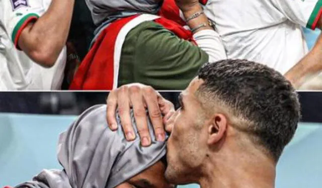 Hakimi recibe un beso de su madre tras el triunfo ante Bélgica. Foto: Instagram