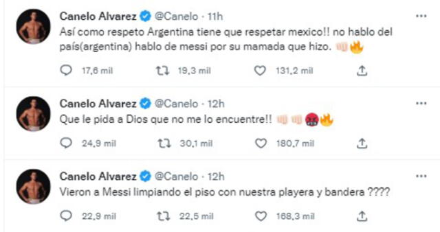'Canelo' Álvarez se muestra furioso con Lionel Messi. Foto: captura Twitter de Canelo Álvarez