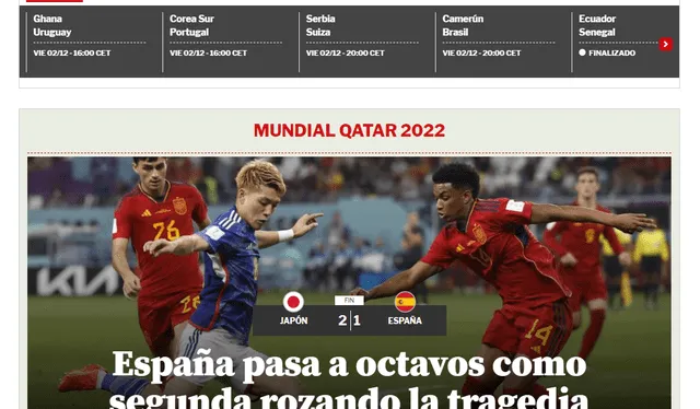 La prensa española tras la caída de su selección ante Japón. Foto: captura Mundo Deportivo