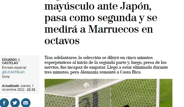 La prensa española tras la caída de su selección ante Japón. Foto: captura El Mundo