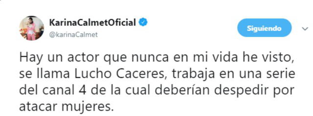 2018. Karina Calmet sobre Lucho Cáceres. Foto: captura Twitter
