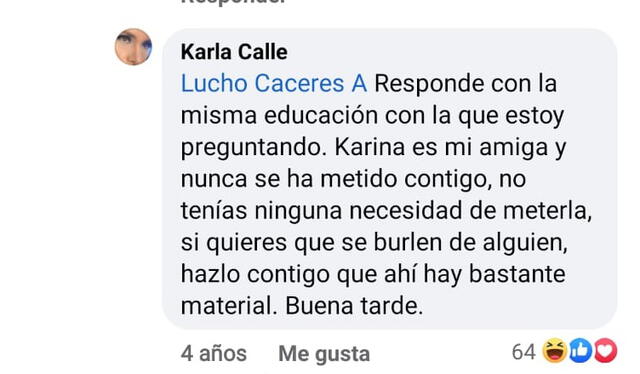 11.9.2018 | Comentarios de Karla Calle y Lucho Cáceres. Foto: captura Facebook