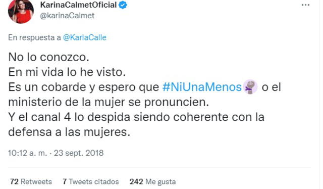 23.9.2018 | Karina Calmet sobre Lucho Cáceres. Foto: captura Twitter