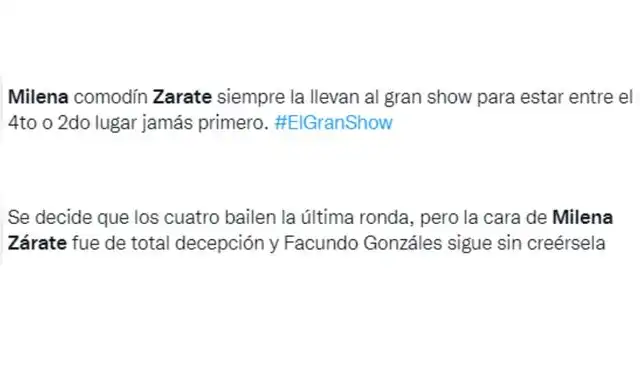 Milena Zárate quedó en el tercer lugar de “El gran show”. Foto: Twitter