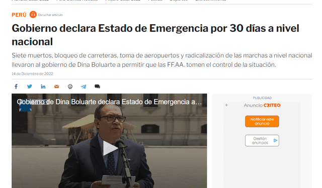 Así informó la prensa internacional sobre el Estado de Emergencia en Perú. Foto: captura Infobae