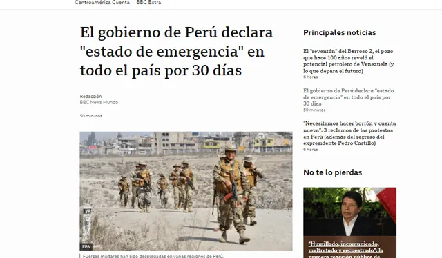 Así informó la prensa internacional sobre el Estado de Emergencia en Perú. Foto: captura BBC News Mundo