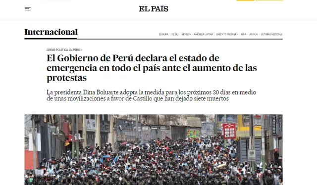 El medio español El País sobre la nueva medida que adoptó el Gobierno peruano ante el aumento de las protestas en el país. Foto: captura-El país