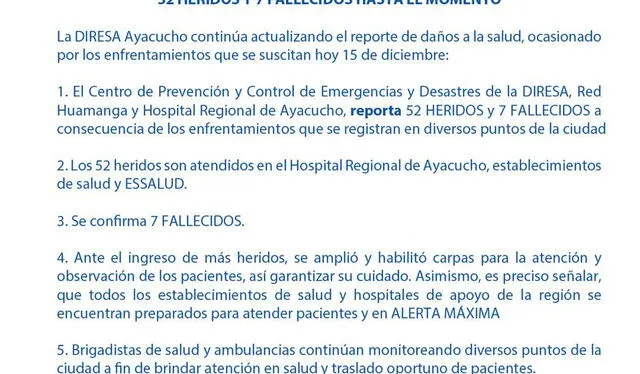 Pronunciamiento de la Diresa de Ayacucho en el que confirma que ya son 7 personas fallecidas solo en esta región. Foto: Diresa de Ayacucho