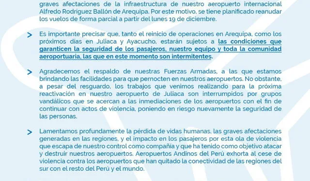 Comunicado de Aeropuertos Andinos del Perú. Foto: difusión