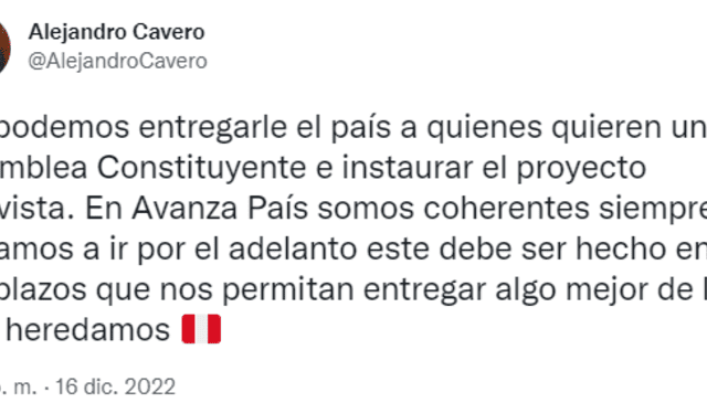 Alejandro Cavero se pronunció luego de que Avanza País votara en contra del proyecto para adelantar elecciones el 2023. Foto: captura/Twitter