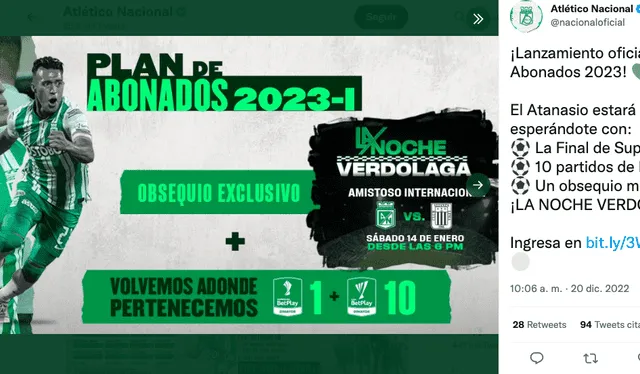 Alianza Lima jugará su primer amistoso internacional del 2023 en Colombia. Foto: Atlético Nacional/Twitter