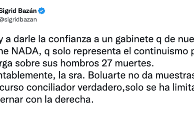 Sigrid Bazán anuncia que no dará la confianza al gabinete Otárola. Foto: @sigridbazan/Twitter