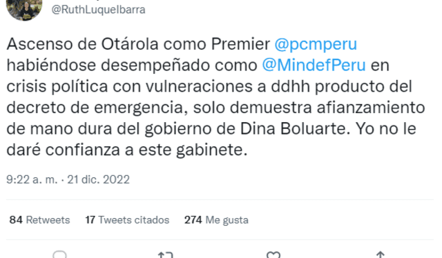 Ruth Luque se pronunció sobre Luis Otárola. Foto: captura de Twitter