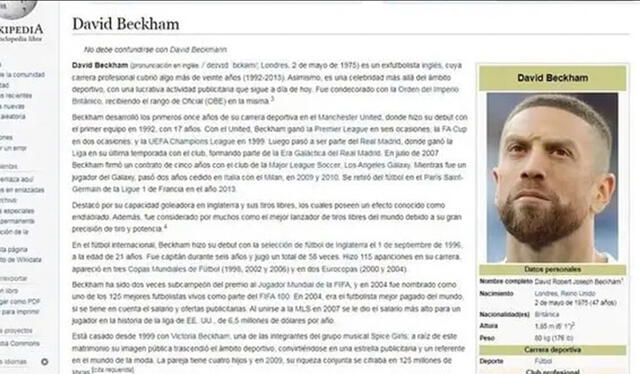 En la popular página editaron el perfil de David Beckham a manera de broma. Foto: captura de Wikipedia