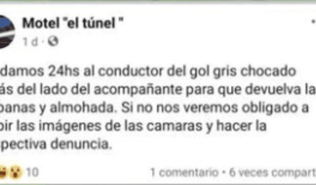 La amenazante publicación del hotel “El Túnel” en Facebook tras el robo de sus sábanas. Foto: captura de RadioEstacion