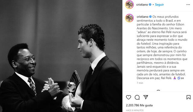 Cristiano Ronaldo usó sus redes sociales para enviar un sentido mensaje. Foto: Instagram