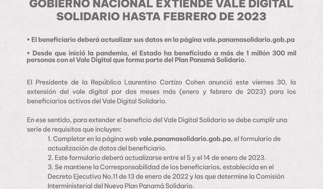 Comunicado de la Presidencia de Panamá sobre el pago del Vale Digital 2023. Foto: Twitter/@presidenciapma