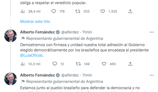 El presidente de Argentina, Alberto Fernández, expresó su apoyo a Lula tras la toma del Congreso de Brasil. Foto: @alferdez/Twitter