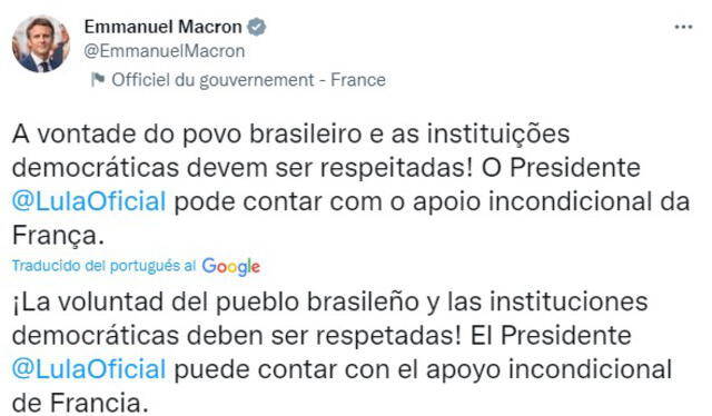 El presidente de Francia hizo un llamado a respetar la democracia en Brasil. Foto: @EmmanuelMacron/Twitter