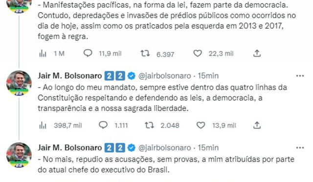 Bolsonaro negó estar detrás de los actos vandálicos ocurridos hoy en Brasil. Foto: captura @jairbolsonaro/Twitter