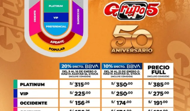 Precios oficiales para el concierto del Grupo 5. Foto: captura/Instagram
