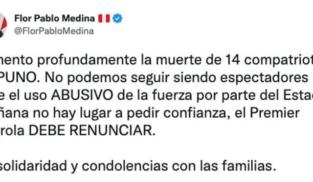 Congresista Flor Pablo exige renuncia del primer ministro Otálora y asegura que no dará voto de confianza. Foto: @FlorPabloMedina/Twitter