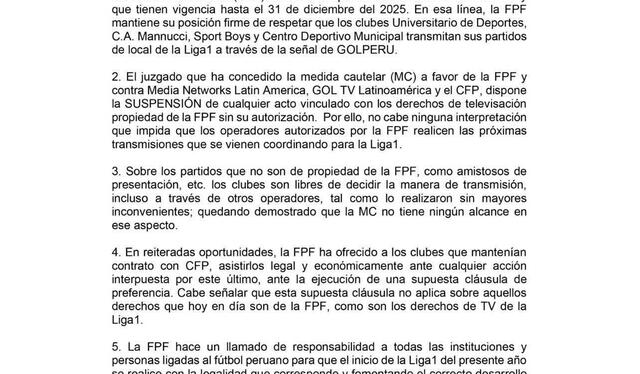 Comunicado de la FPF. Foto: FPF