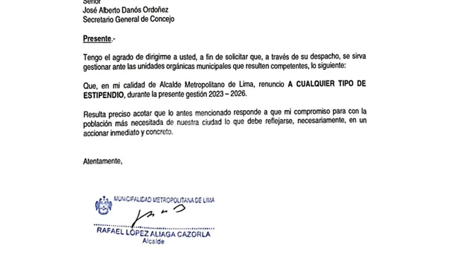 Misiva de López Aliaga a José Danós Ordoñez, secretario general del Concejo. Foto: @MuniLima/Twitter