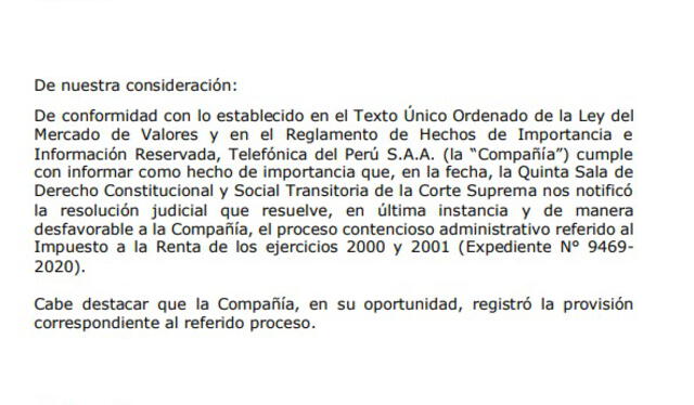Telefónica comunica la condena de la Corte Suprema del Perú ante la SMV. Foto: difusión