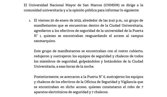  Comunicado de San Marcos del 21 de enero. Foto: Universidad Nacional Mayor de San Marcos / Facebook   