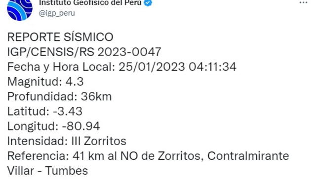 Datos del sismo en Tumbes. Foto: IGP   