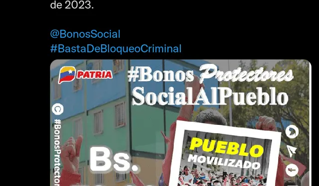 Bono Pueblo Movilizado será entregado hasta el 31 de enero. Foto: Twitter @BonosSocial   